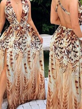 Backless Plunge Maxi Dress in Brown Animal Print